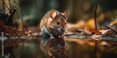 Grey Wild Mouse Drinks Water Form The Puddle In Autumn Forest