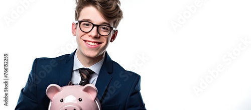 A businessman in formal attire holding a small pink piggy bank in his hand, looking thoughtful and serious