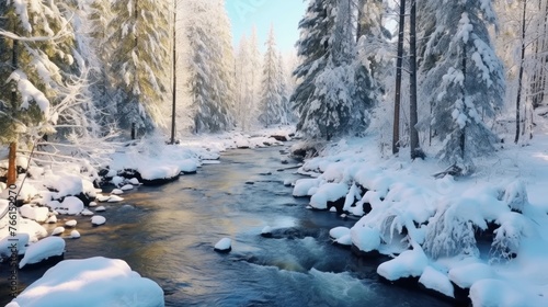 Coniferous forest with snow near river after fresh snow fall.