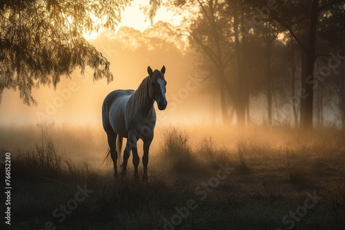 Tranquil Portrait Of Horse At Sunset Against Trees © tan4ikk