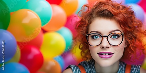 Portrait of beautiful woman with inflatable rainbow balloons. Generative AI. © Budjak Studio