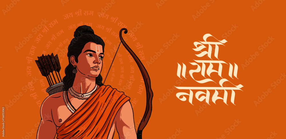 "Shree Ram Navmi" Marathi, Hindi Calligraphy written text means Shree Ram Navmi with Lord Ram vector illustration banner design template 
 - obrazy, fototapety, plakaty 