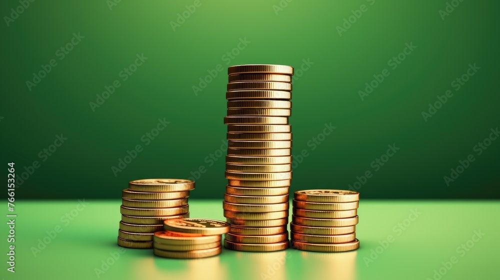 Stacks of gold coins on a green background, the concept of success, business, deposits and savings. Stacks of gold coins on a green background, the concept of success, business, deposits and savings.