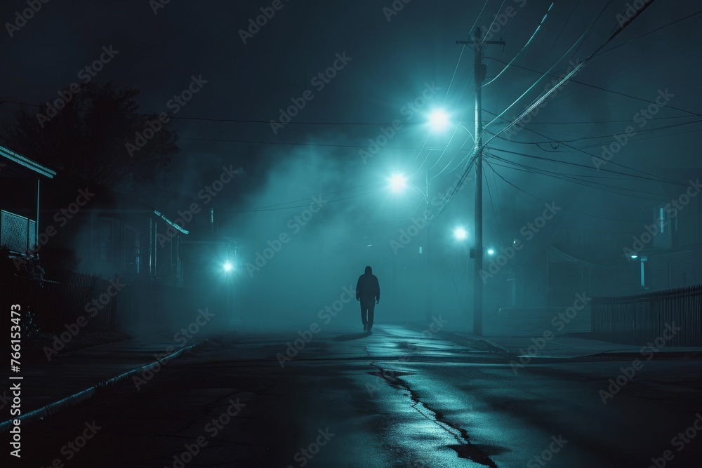 A lone individual walking along a dimly lit street during the nighttime, A ghostly image of opioid addiction manifesting at night, AI Generated