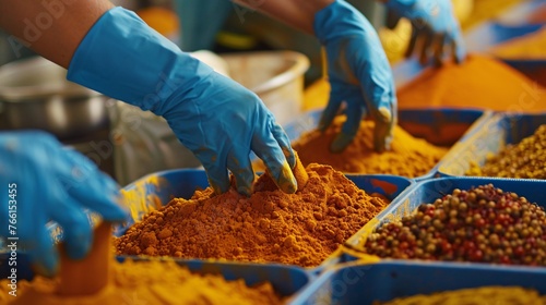 Fototapeta Naklejka Na Ścianę i Meble -  Spice factory employees sifting through seasonings using protective hand coverings.
