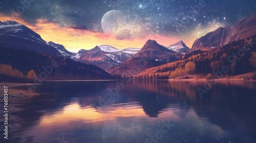 Watercolor style mountain around a lake full moon stars. © Zie