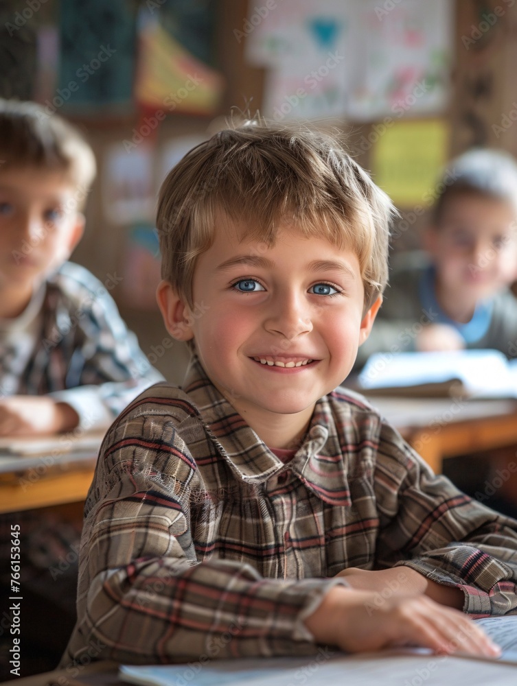Ecstatic male students seated at desk in classroom. Ecstatic male students seated at desk in classroom.