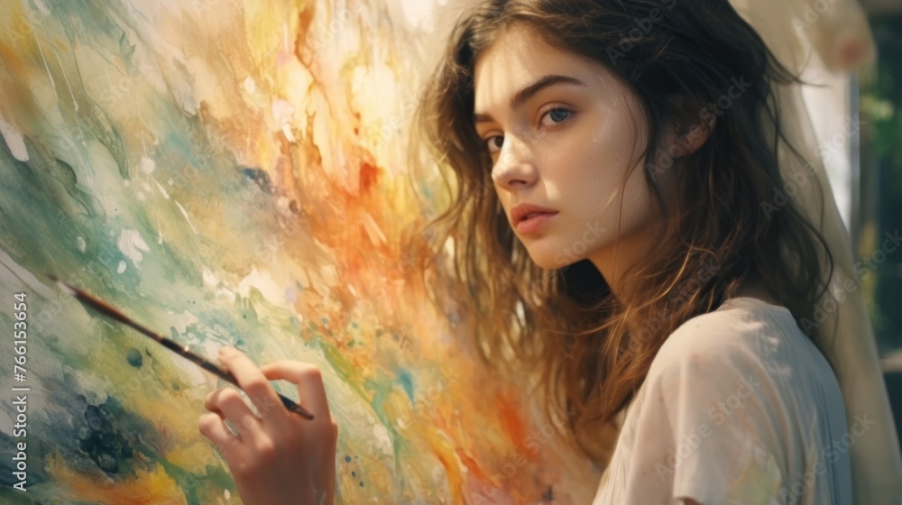 Young female student having classes at art studio, learning how to draw landscapes, trying to mix different watercolors on cardboard. Young female student having classes at art studio, learning how to draw landscapes, trying to mix different watercolors on cardboard.