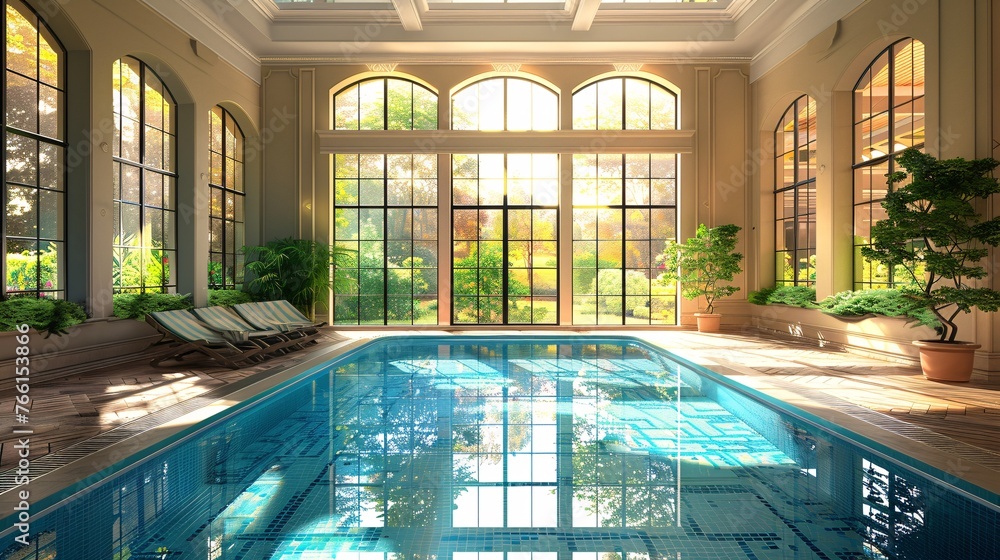 Extravagant pool with plentiful windows.