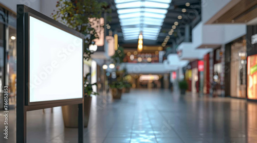 View of empty billboard In big modern shopping mall with blurred background