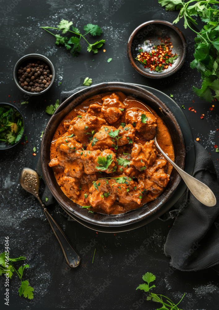 Indian butter chicken. Top view. On dark surface. Meal. Spicey. Indian butter chicken. Top view. On dark surface. Meal. Spicey.