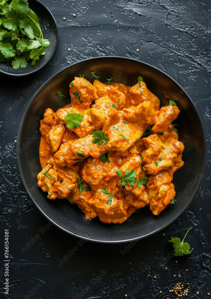 Indian butter chicken. Top view. On dark surface. Meal. Spicey. Indian butter chicken. Top view. On dark surface. Meal. Spicey.