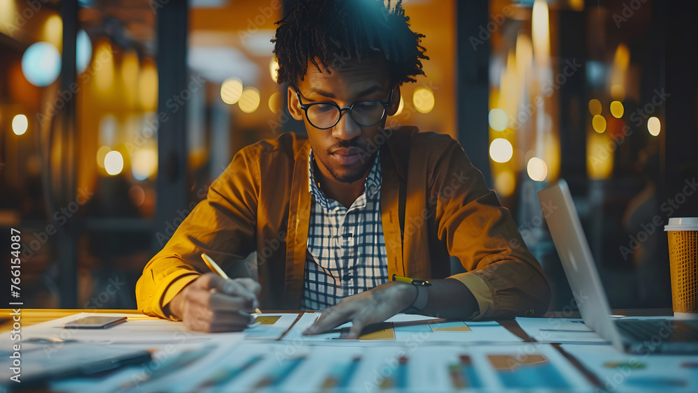 Black male person focused on work. Young african man concentrated with document information - obrazy, fototapety, plakaty 