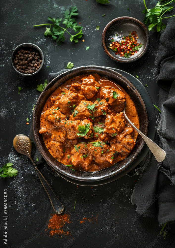 Indian butter chicken. Top view. On dark surface. Meal. Spicey. Indian butter chicken. Top view. On dark surface. Meal. Spicey.