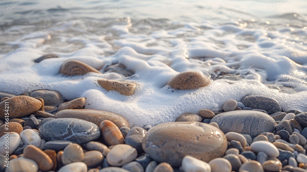 Ocean waves crashing against pebbles on the shore. Ocean waves crashing against pebbles on the shore.