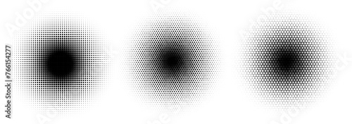Set of Abstract Halftone Circles. Triangular Hexagonal and Squares Halftone Circle Frames. Template for Comic or Pop Art Designs. Vector Illustration.