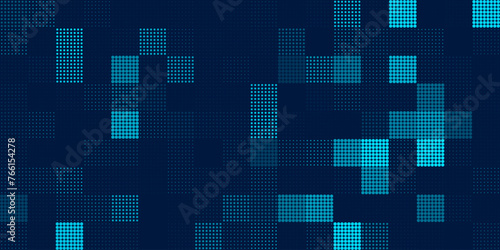 Halftone Pixel Dithering Square Tiles Seamless Pattern. Abstract Tech Pixel Background. Vector Illustration. Pixel Halftone Effect Random Tiles Generative Art.