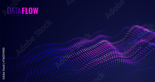 Digital Data Flow Vector Background. Big Data Technology Particles. Tech Business Backdrop. Dots Grid Waves Landscape. Information Flow in Virtual Reality Cyberspace. Vector Illustration.