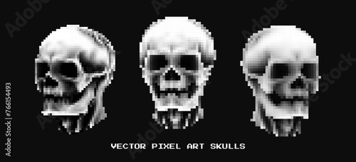 8 bit Pixel Art Skulls. Old School Style Hardcore Game Skull Icon. Death, Fear, Pirate, Game Over, Skeleton Concept. Vector Illustration.
