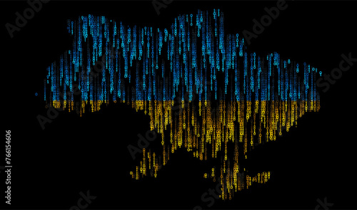 Ukraine Digital Map Dots Particles. Vector Map Background. 3D Flag of Ukraine made of Falling Binary Digits. Digital Flag of Ukraine. Digital Hackers War Concept. Vector Illustration.
