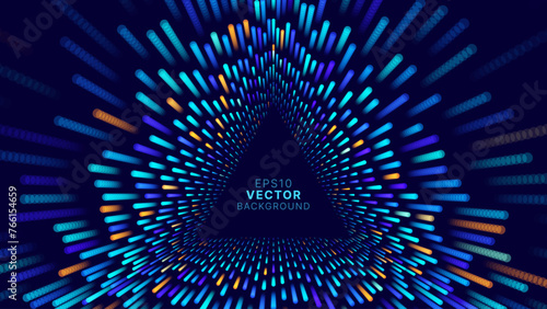 Triangle Frame Border Blue Lights DJ Party Flyer Background. Triangle Tunnel Big Data Backdrop Data Flow Particles Moving with Trails. Vector Illustration.