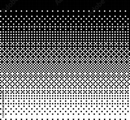 Square Pixel Halftone. Black and white linear gradient. Vector Backdrop. Dithering effect. Pixel gradient abstract mosaic background for modern design. 1 8 16 bit background.