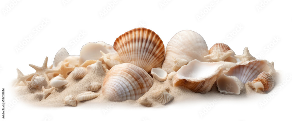 realistic Sea shell in sand pile isolated on white background