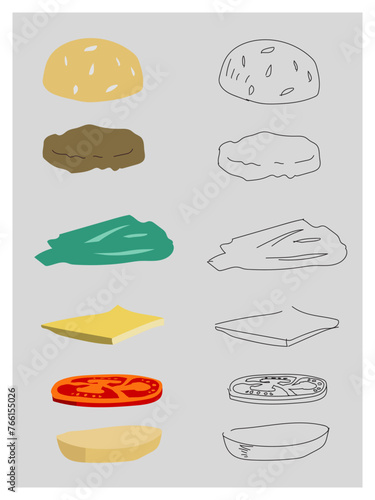 Hand drawn components of the burger made in fill and rough stroke versions: bun, cutlet, salad leaf, cheese and tomato slice, bun. International burger day. Grey background. Vector illustration.