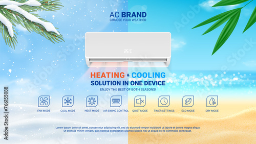 Ad banner of air conditioner. Realistic vector illustration with air conditioner with heating and cooling modes. Modern split system climate control for home. Product mockup concept.