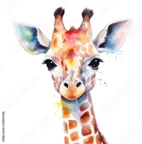 watercolor Drawing Vector of a face giraffe, isolated on a white background, Illustration design art, Graphic painting clipart. photo