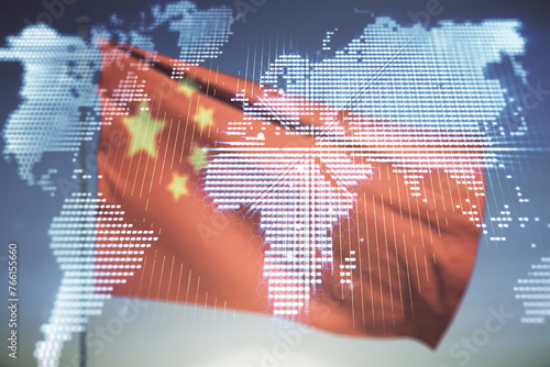 Multi exposure of abstract creative digital world map hologram on Chinese flag and blue sky background, research and analytics concept