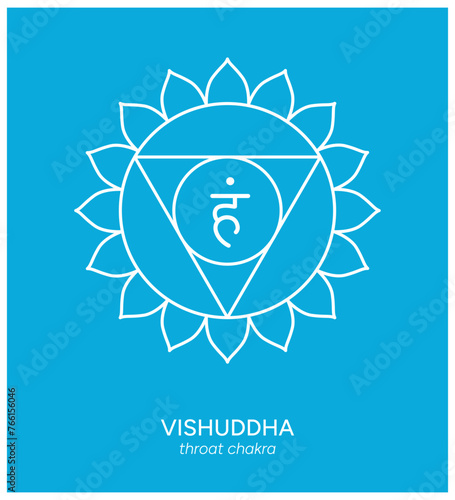 Fototapeta Naklejka Na Ścianę i Meble -  Vishuddha, throat chakra, line art symbol. Meditation, spirituality, energy, healing vector illustration icon with background