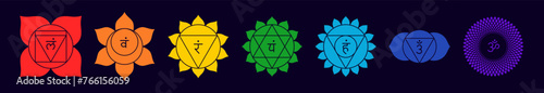 Fototapeta Naklejka Na Ścianę i Meble -  Chakra set, line art symbols. Meditation, spirituality, energy, healing vector illustration icon set on dark background
