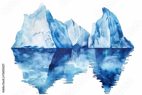 Hand-painted watercolor illustration of a serene iceberg with reflection in the water, ideal for environmental, travel, or climate change-related themes with ample space for text