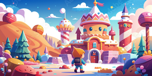 Young Hero Saves Candy Kingdom from Sugar Storm - Vector Illustration