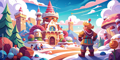Young Hero Saves Candy Kingdom from Sugar Storm - Vector Illustration