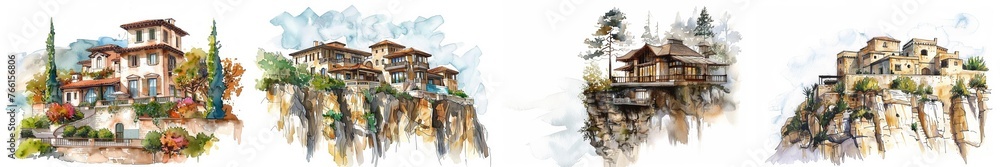 Set of four watercolor paintings depicting Mediterranean-style cliffside villas with scenic landscapes, ideal for travel or real estate backgrounds with copy space