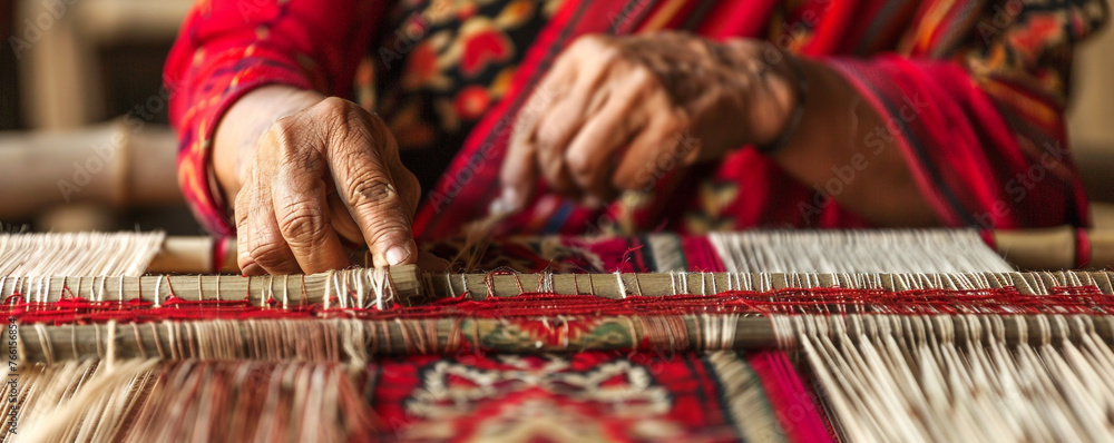 A woman weaving in the traditional way, creating beautiful textiles