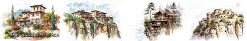 Set of four watercolor paintings depicting Mediterranean-style cliffside villas with scenic landscapes, ideal for travel or real estate backgrounds with copy space © fotogurmespb