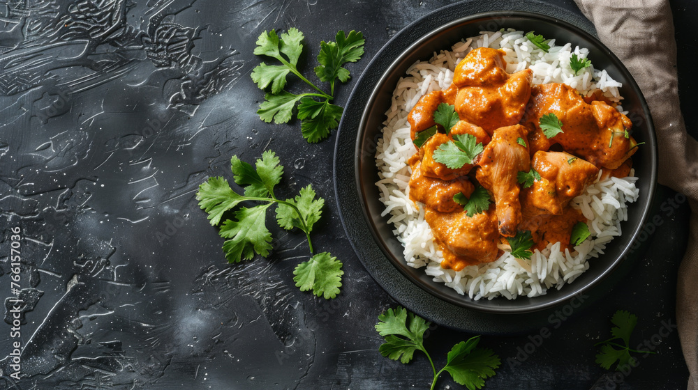 Indian butter chicken. Top view. On dark surface. Meal. Spicey. Indian butter chicken. Top view. On dark surface. Meal. Spicey.