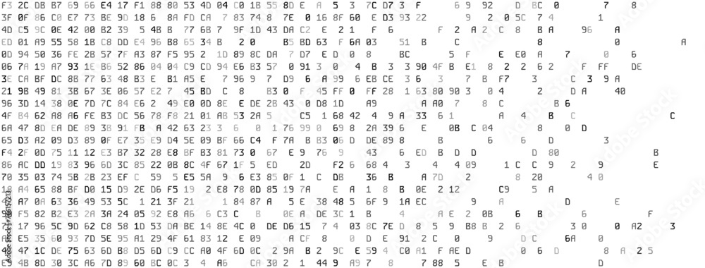 Abstract Technology Machine Code Background. Random Binary Hexadecimal Code. Matrix with Digits. Vector Illustration. Hacking, Cryptography, Malware, Reverse Engineering, Data Analysis Backdrop.