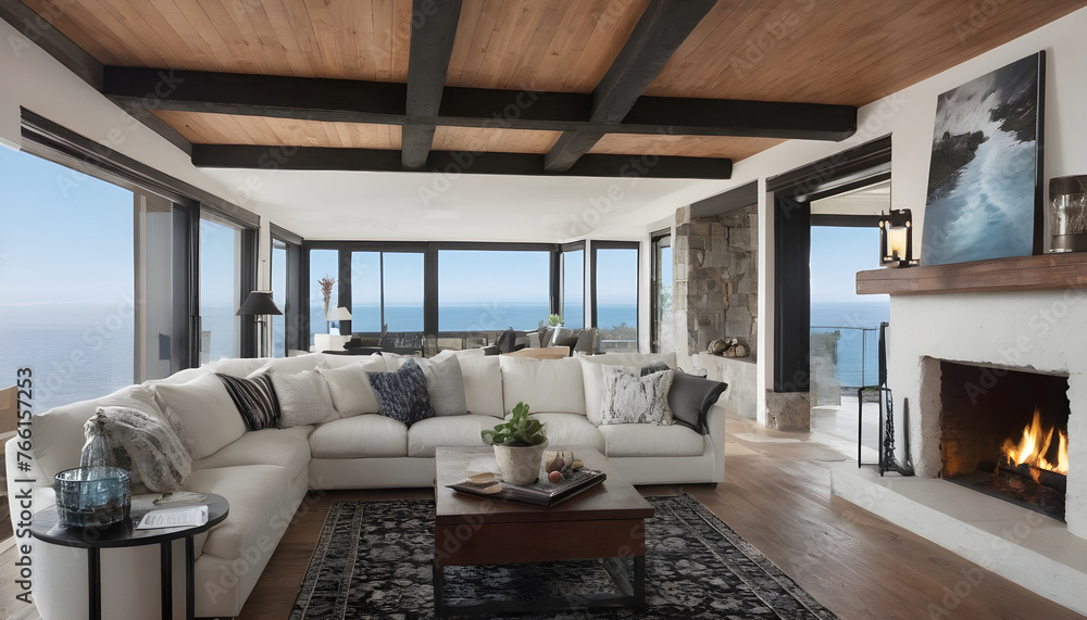 cozy family room with black and white decor with fireplace and wood beamed ceiling with lush landscaping and blue skies, ocean view cozy family room with black and white decor with fireplace and wood beamed ceiling with lush landscaping and blue skies, ocean view
