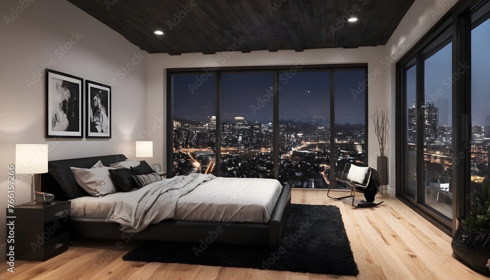 apartment bedroom, night, nighttime, city view, modern decor, luxury high rise apartment bedroom, night, nighttime, city view, modern decor, luxury high rise