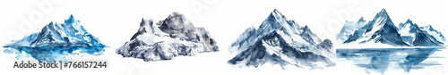 Set of four watercolor mountain landscapes, suitable as artistic backgrounds with ample white space for text overlays, ideal for nature themes or travel-related concepts © fotogurmespb