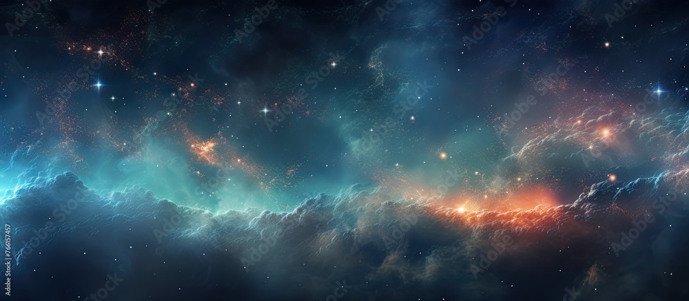 Naklejka premium Vibrant and ethereal, a nebula with swirling hues of blue, pink, and purple drifts in the vastness of outer space