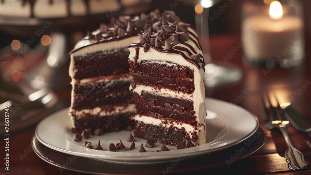 A single slice of cake rests on a white plate placed on a wooden table A single slice of cake rests on a white plate placed on a wooden table