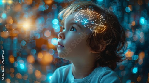 Graphic the brain, the cute child is playing with building blocks to practice skills and develop their brain Intelligence and Creativity.