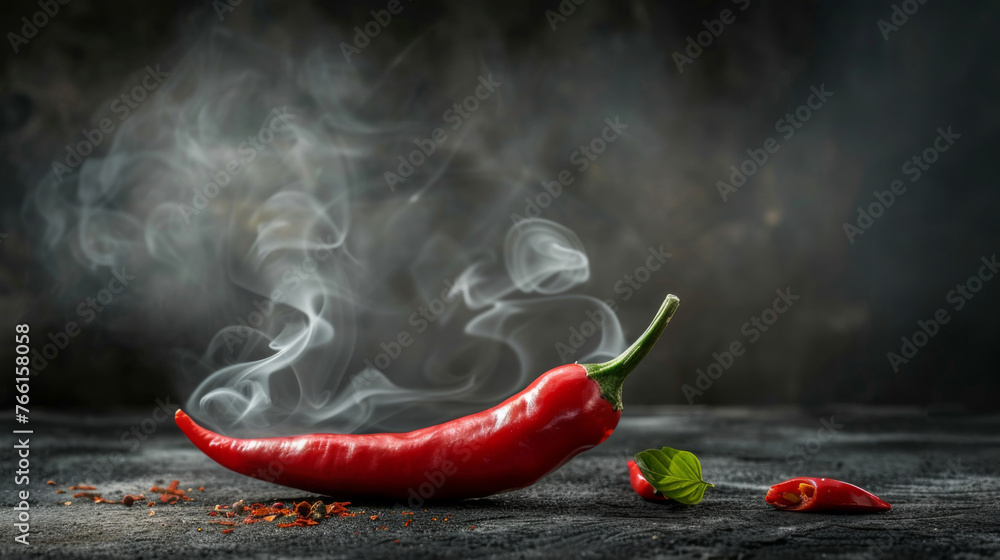 Red Chili. Smoking red chili pepper isolated on dark background. Heat. Hot. Spicey. Chili. - obrazy, fototapety, plakaty 