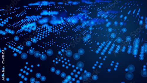 Abstract Technology Futuristic Digital Concept Pattern with Lighting Glowing Circles on Dark Blue Background. High Tech or Science Research Presentation Backdrop. Vector Illustration.