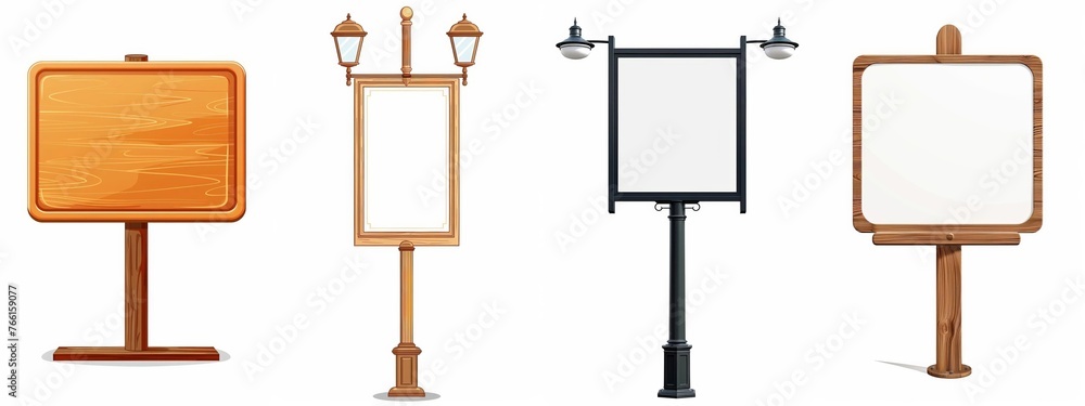 Collection of four blank wooden and metal signage boards with lamp posts, suitable for advertising and mockups, isolated on a white background with space for text Collection of four blank wooden and metal signage boards with lamp posts, suitable for advertising and mockups, isolated on a white background with space for text